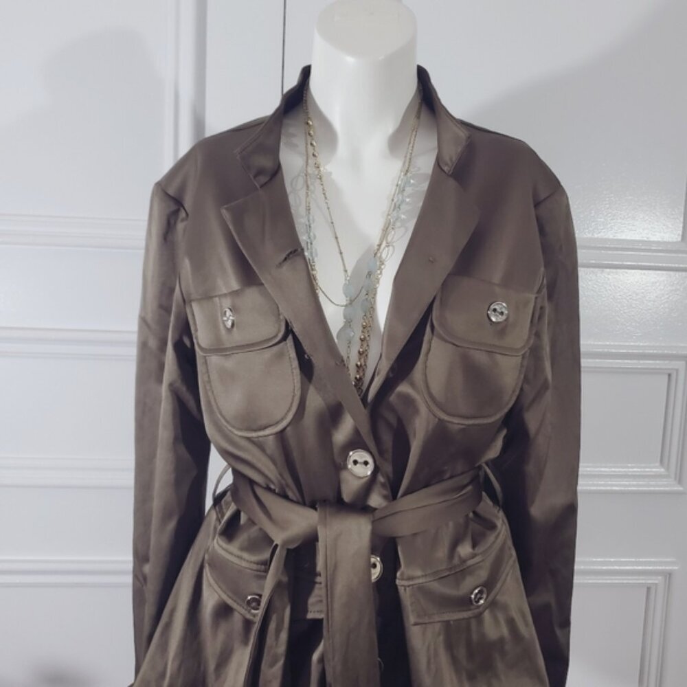 Vintage Joseph Ribkoff Satin Ruffled Trim Belted Jacket In Olive